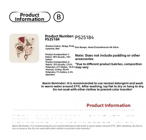 Detailed size chart and material specs for baby knit earflap hats in four colors