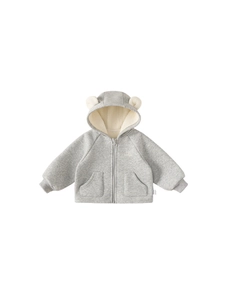 Gray hooded jacket for infants with warm fleece lining and cute little bear ears