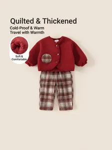 Winter kids set with red sherpa fleece jacket and brown plaid quilted pants