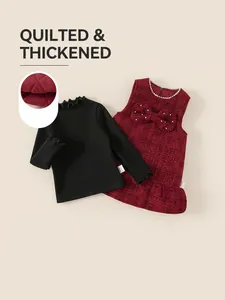 Girl's winter set with black turtleneck top and wine red quilted sleeveless dress