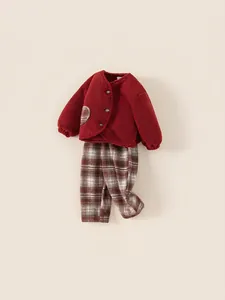 Winter kids warm two-piece set featuring a red fleece jacket and plaid trousers