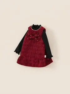 Girls' tweed dress set with red bow and pearl accents, elegant two-piece look for kids