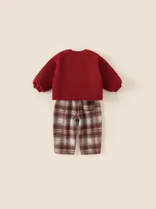 Toddler winter warm fleece jacket in burgundy and brown checkered trousers set