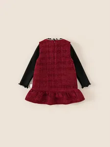 Girls dark red tweed ruffle dress and black turtleneck two-piece outfit with pearls