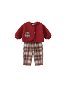Winter infant two-piece set featuring a red plush cardigan and brown checkered trousers