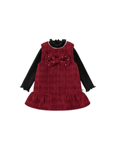 Girls burgundy tweed pinafore dress and black long sleeve top two-piece elegant set