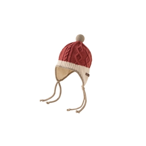 Red and cream kids knit earflap hat with pompom and braided chin straps for winter