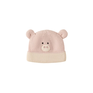 Süße rosa Baby-Strickmütze mit Tierohren und Stickerei für winddichte Wärme