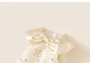 Detail of baby girl princess dress featuring sequin bows and a large satin bow collar