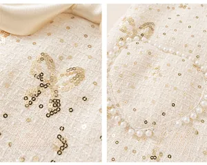 Detail of tweed fabric with sequin bow and heart pocket with pearl trim for girls dress