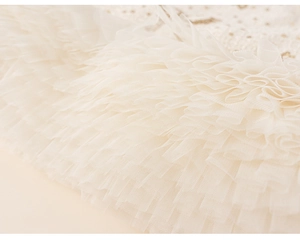 Close-up of layered cream tulle and delicate lace embroidery on a girls princess dress