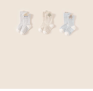 Three-pack of striped baby socks featuring cute cloud, tree, and bear embroidery patches