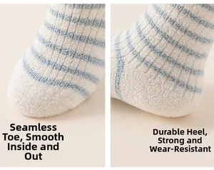 Close-up of seamless toe and reinforced heel on blue striped plush warm baby socks
