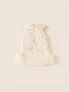Elegant sleeveless girls princess dress in cream tweed with shimmering mesh hem