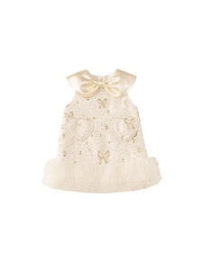 Elegant sleeveless cream tulle dress for girls featuring golden bows and pearl heart pockets