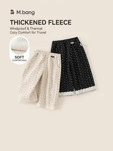 Toddler Girls Polka Dot Wide Leg Pants Winter Fleece Lined Thickened Casual Trousers With Bowknot Lace Trim Kids Clothing