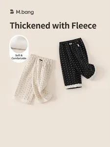 Toddler girls polka dot wide leg trousers with warm fleece lining and bow accent