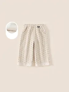 Fleece-lined beige polka dot wide-leg trousers for girls with bow and lace trim