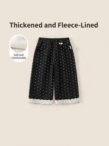 Girls winter polka dot wide leg pants with fleece lining and lace trim hem
