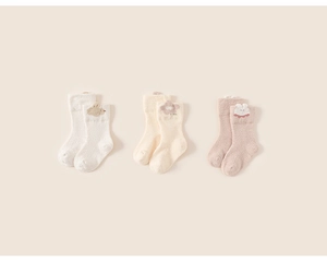 Detailed view of thick thermal baby socks with cute 3D cartoon bear and flower accents
