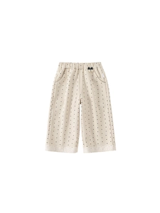 Polka dot wide-leg trousers for girls with bow decor and lace hem in beige and black