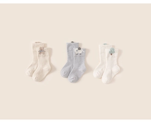 Detailed view of three pairs of thick cartoon thermal coral fleece socks for toddlers
