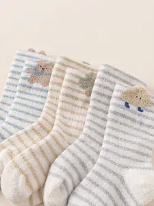 Thick warm coral fleece striped socks for toddlers with cute animal bear embroidery
