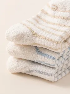 Three pairs of thick striped coral fleece warm socks for toddlers in blue, grey and brown