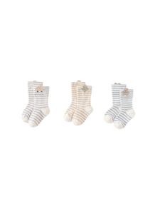 Three-pack of striped baby socks with cartoon cloud, tree, and bear embroidery