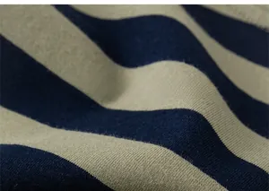 Macro shot of striped cotton fabric showing dark blue and light grey knitted texture
