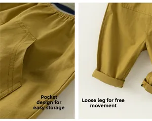 Detail of kids striped outfit featuring ginger yellow trousers with large patch pockets