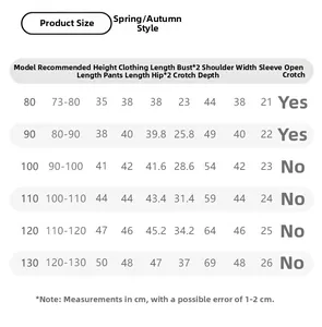 Detailed size guide table for striped long sleeve kids clothing set with overall pants