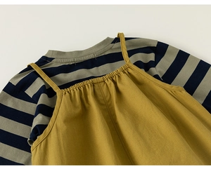 Detail view of striped long sleeve shirt and ginger yellow suspender dress for kids