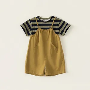 Striped long sleeve t-shirt and mustard yellow overalls set for toddler boys