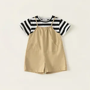 Minimalist striped long sleeve shirt and khaki overalls set for baby boys and toddlers