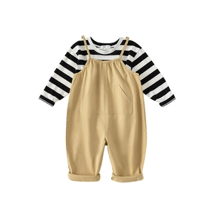 Toddler boy autumn set with black striped long sleeve shirt and khaki suspender trousers