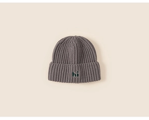 Detail of dark grey knit beanie featuring green 'hi' embroidery and ribbed texture