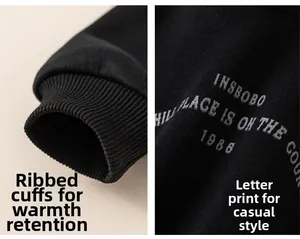 Detail showing the warm ribbed cuffs and letter print on this winter boy hoodie