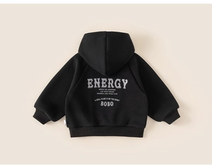 Detail view of the black boys hooded sweatshirt showing thick fleece fabric and back print