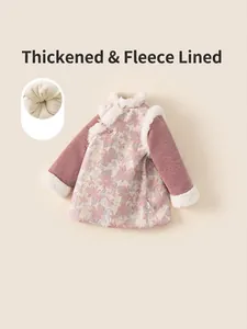 Abito Qipao invernale per bambina viola a fiori con bordo in peluche e fodera in pile