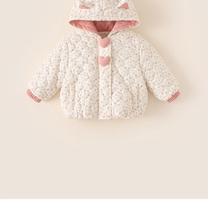Detail view of floral toddler puffer jacket with heart buttons and cute 3D ear hood