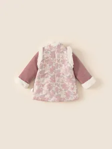 Abito invernale cinese per bambine con jacquard floreale e bordo in ecopelliccia bianca