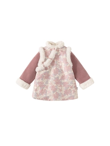 Abito cheongsam invernale da bambina con ricami floreali e bordo in pelliccia