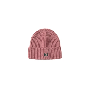 Pink knit winter hat for children with 'hi' embroidery and ear protection design