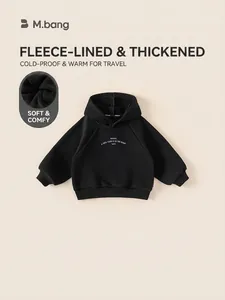 Boys Winter Fleece Hooded Sweatshirt Thick Warm Pullover Casual Contrast Raglan Sleeve Kids Sporty Top Letter Print Black