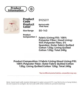Detailed size chart and fabric composition for girls floral hooded puffer jacket