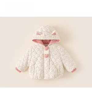 Detailed view of pink floral quilted baby jacket with heart buttons and 3D ears