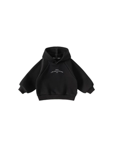 Boys black thermal fleece hoodie with raglan sleeves and athletic letter printing
