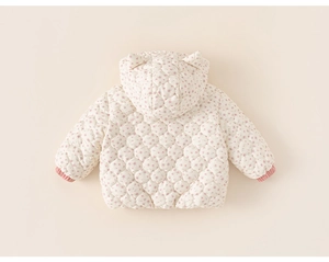Detail view of floral quilted jacket for girls featuring cute cat ear hood design