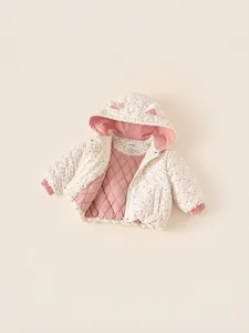 Winter floral padded hoodie for baby girls with cute ears and pink quilted lining